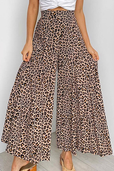 Casual Leopard Capris Straight High Waist Wide Leg Full Print Bottoms