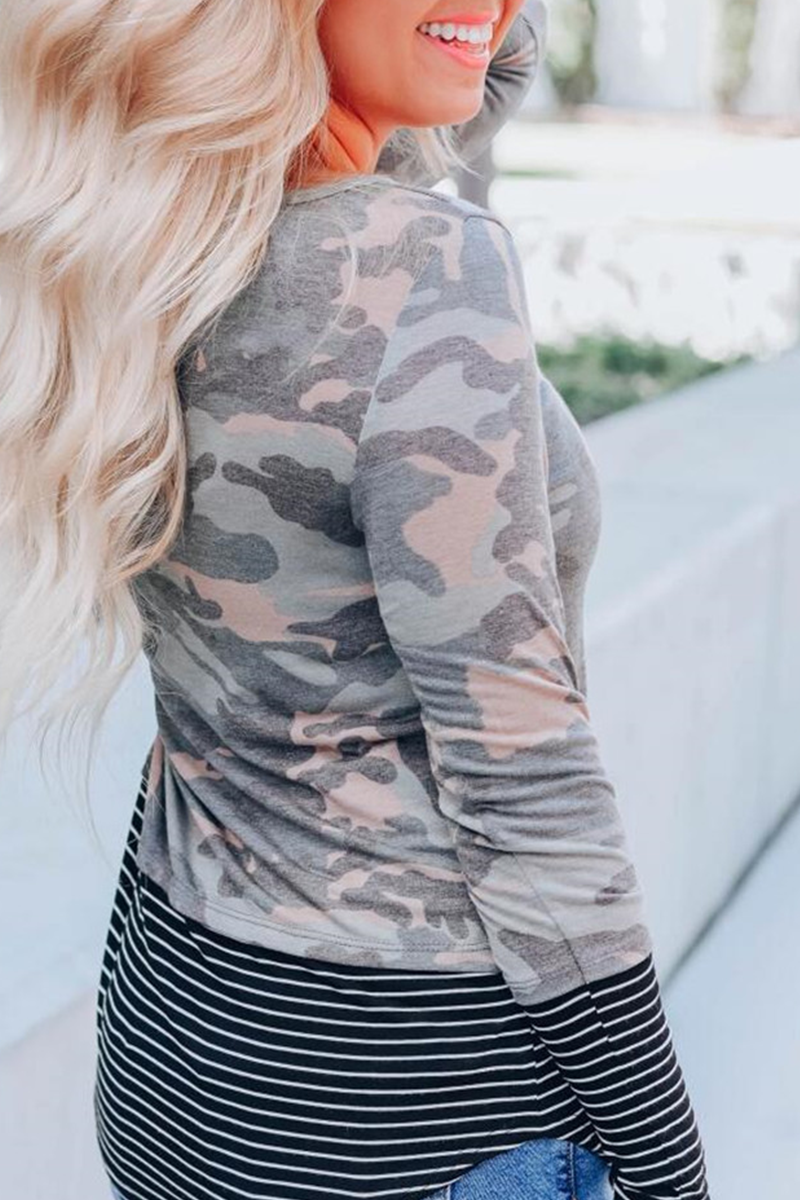 Casual Camouflage Print Split Joint O Neck Tops