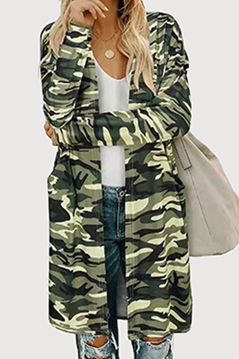 Casual Camouflage Print Split Joint Pocket V Neck Outerwear