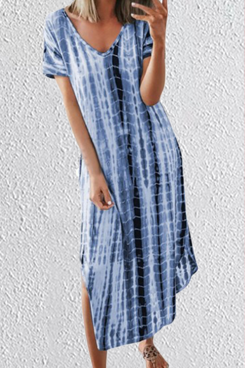 Casual Print Split Joint V Neck Straight Dresses(5 colors)