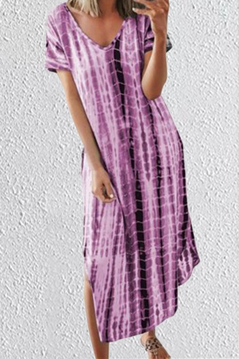 Casual Print Split Joint V Neck Straight Dresses(5 colors)