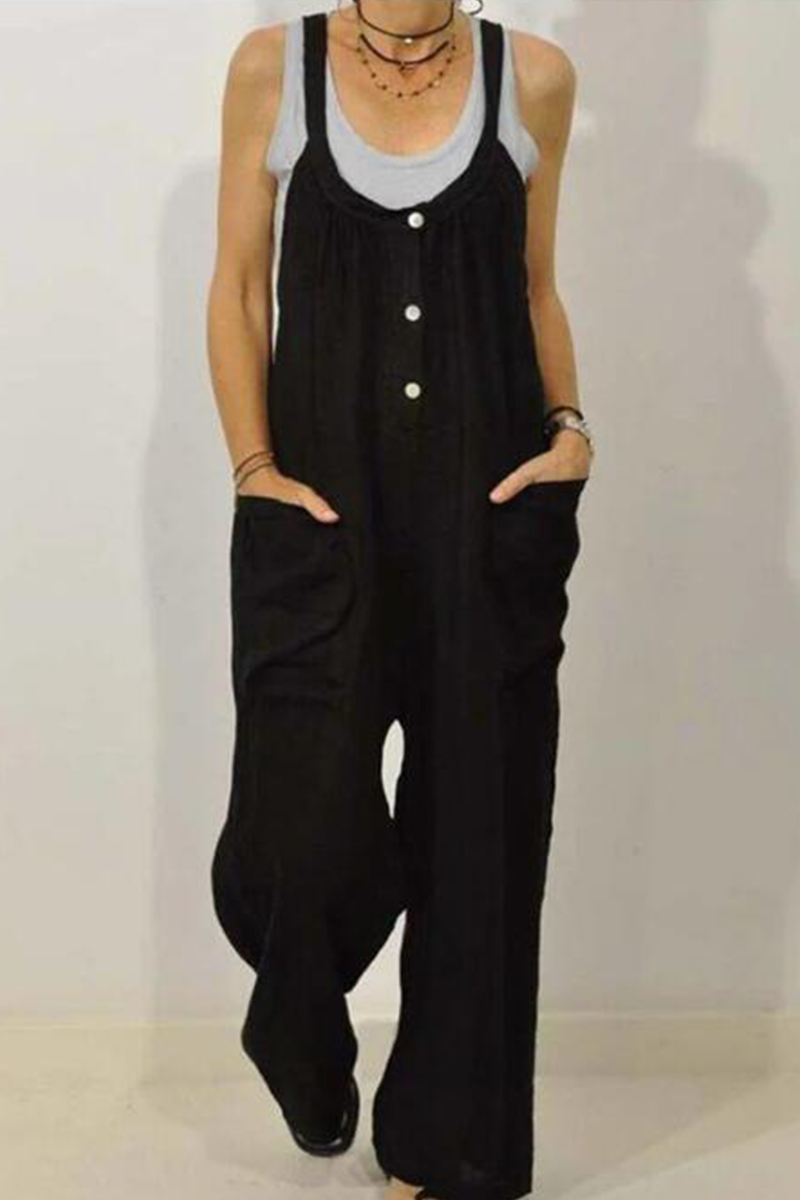 Casual Solid Split Joint U Neck Loose Jumpsuits
