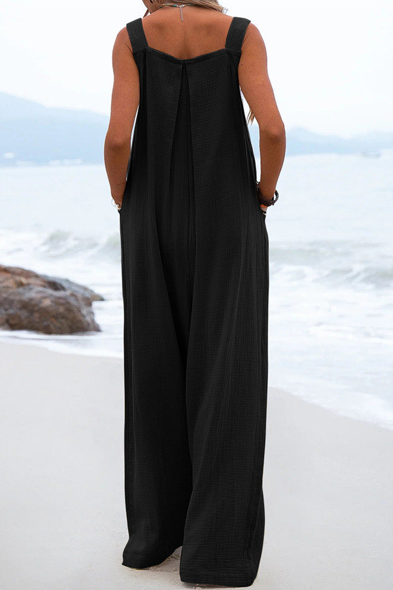 Casual Solid Split Joint Square Collar Loose Jumpsuits