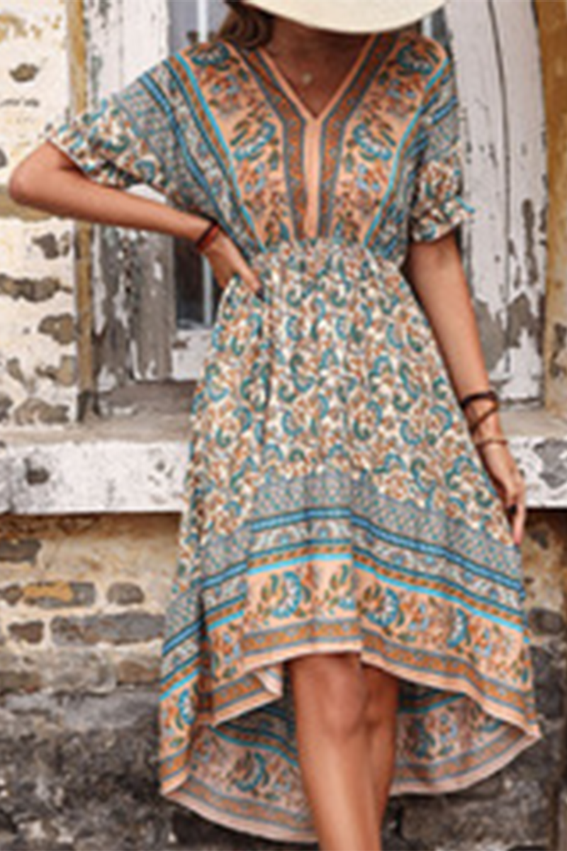 Fashion Print Split Joint V Neck Irregular Dress Dresses