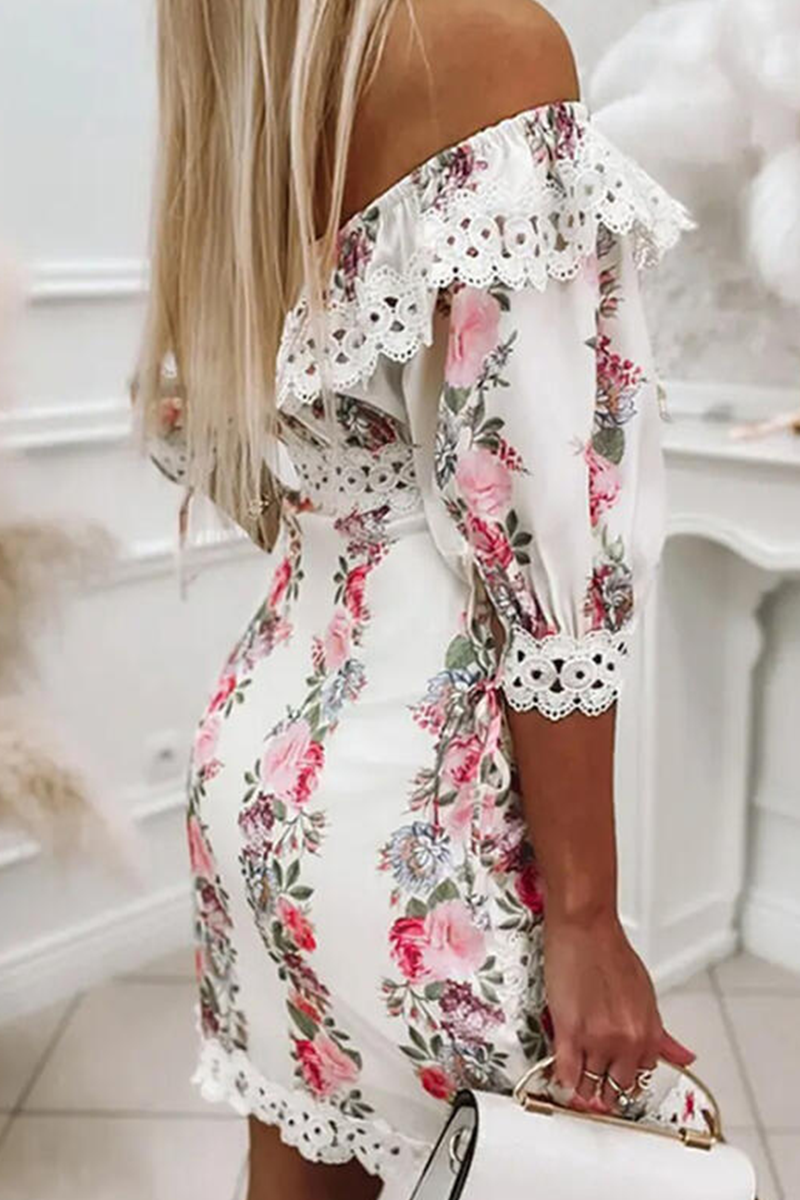 Fashion Print Split Joint Off the Shoulder Cake Skirt Dresses