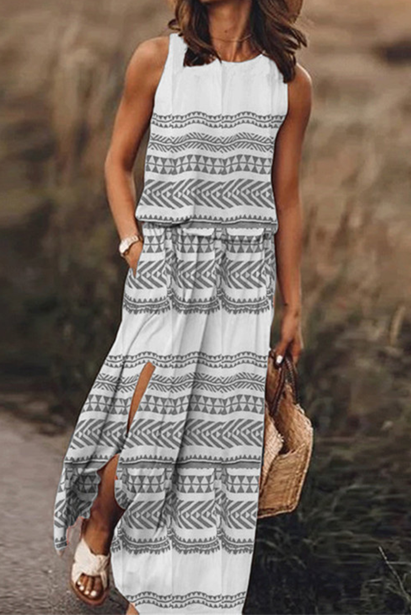 Casual Print Split Joint O Neck Waist Skirt Dresses(8 colors)