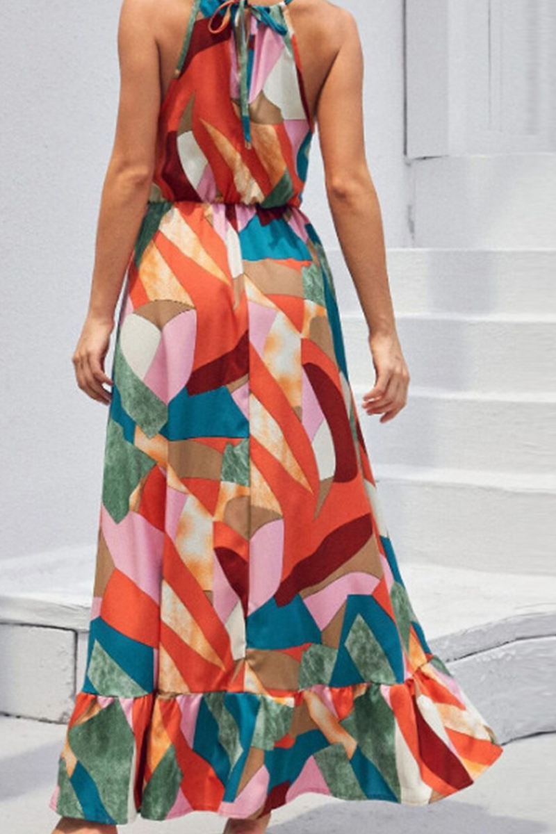 Fashion Print Split Joint Halter Cake Skirt Dresses