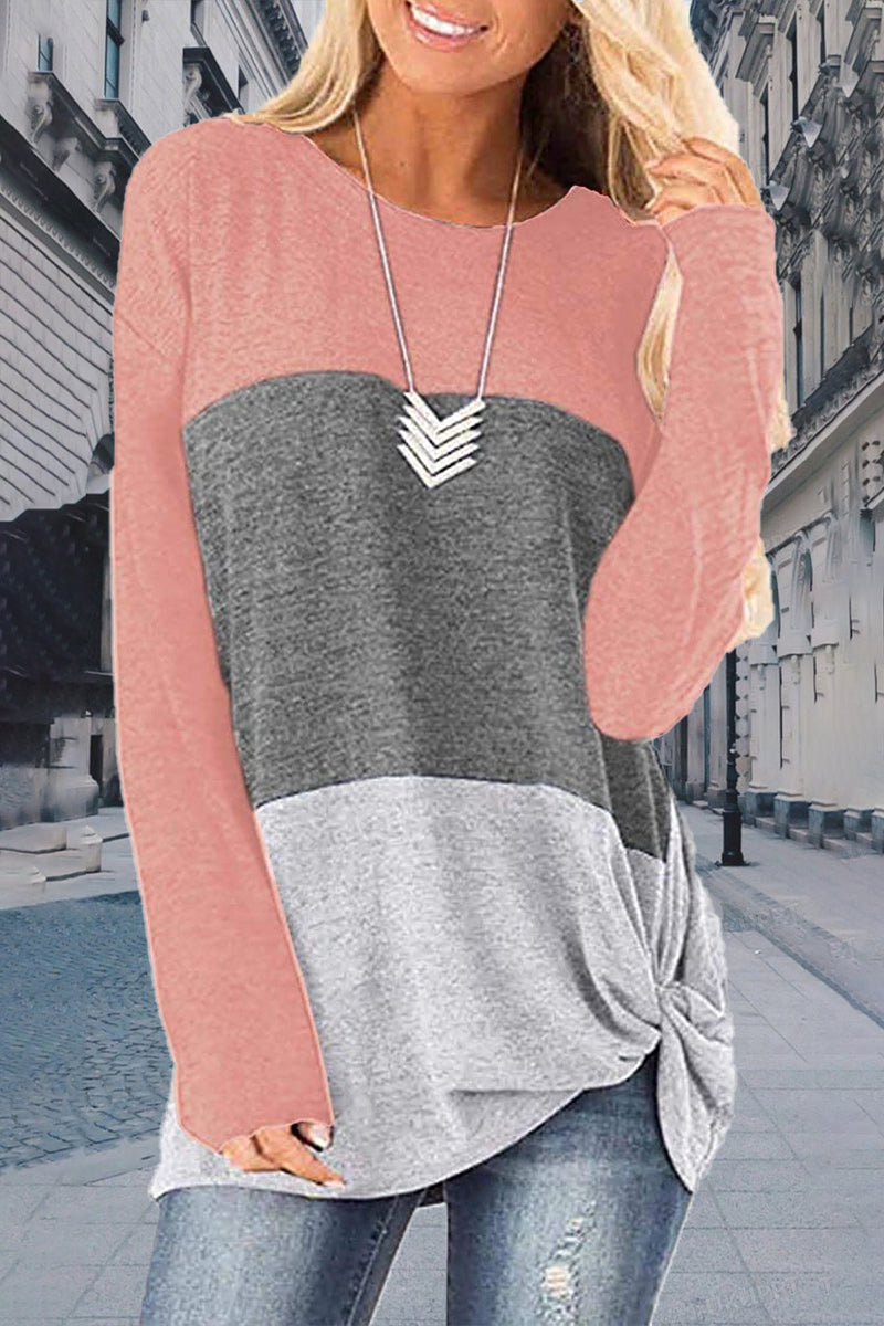 Casual Patchwork Contrast O Neck Tops(5 Colors)