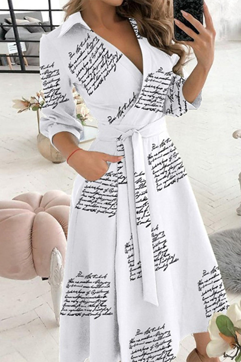 Elegant Print Printing Turndown Collar A Line Dresses