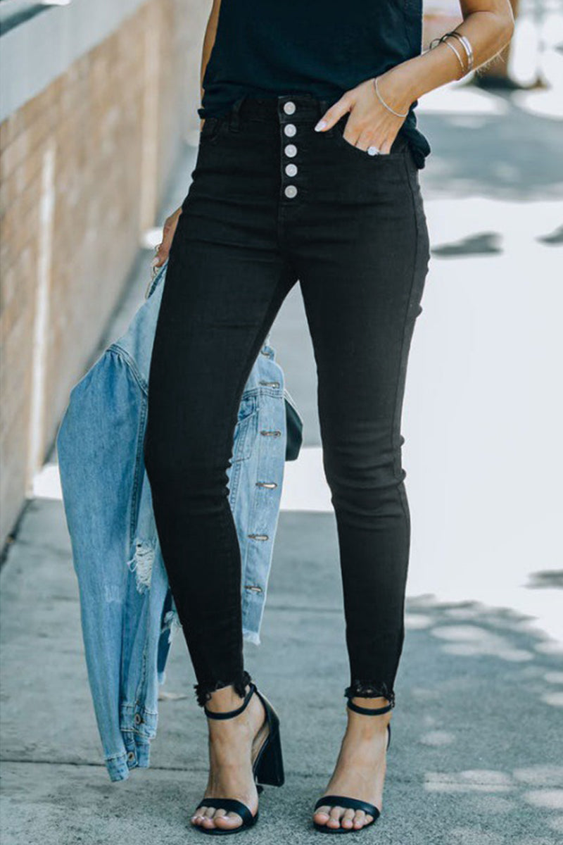 Street Solid Buckle Skinny Denim Jeans