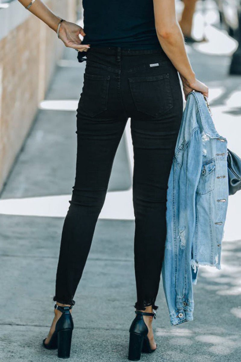 Street Solid Buckle Skinny Denim Jeans