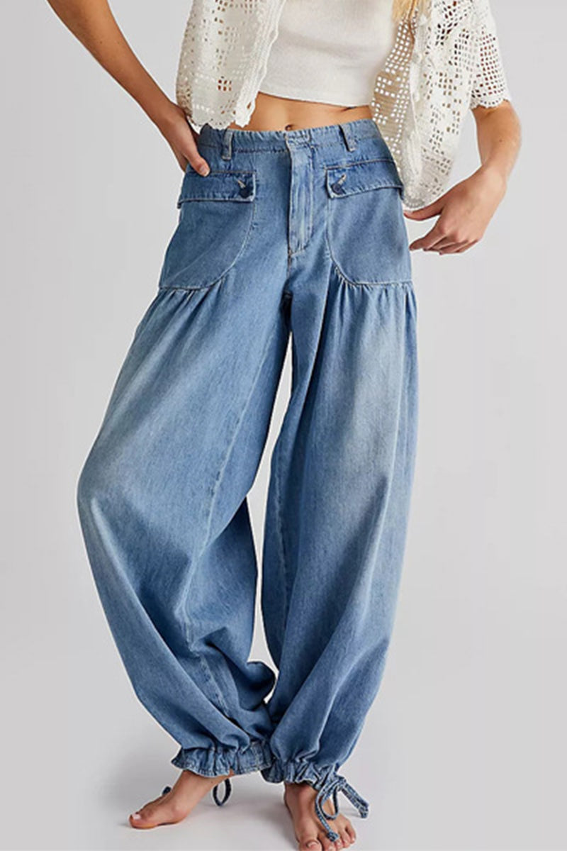 Street Solid Patchwork High Waist Loose Denim Jeans