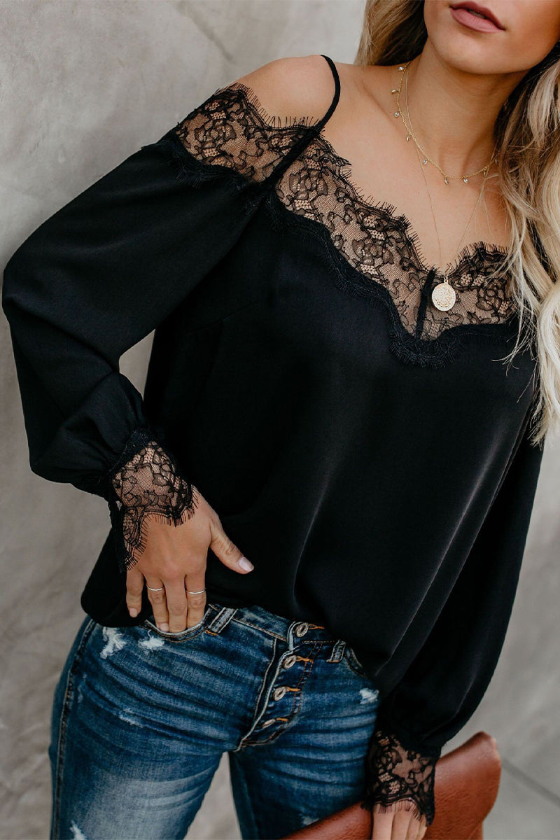 Sexy Solid Lace Patchwork V Neck Tops