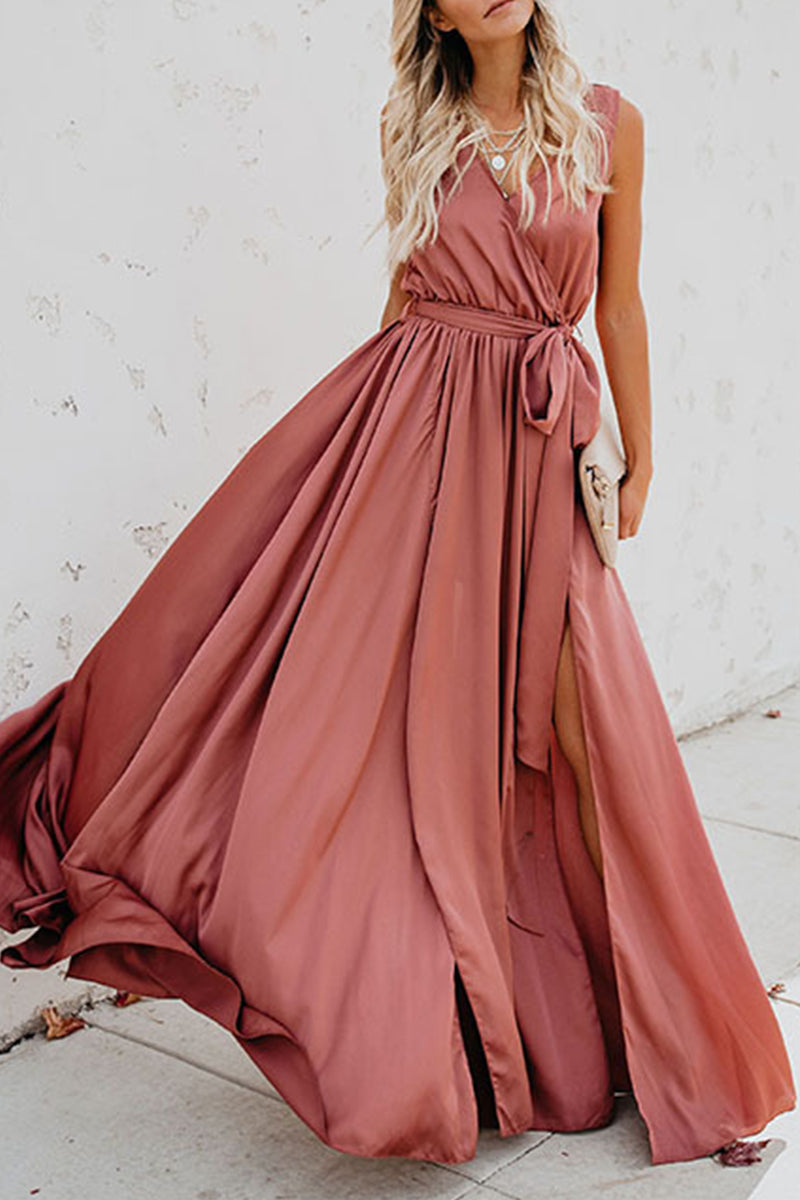 Elegant Solid High Opening V Neck Sleeveless Dress Dresses