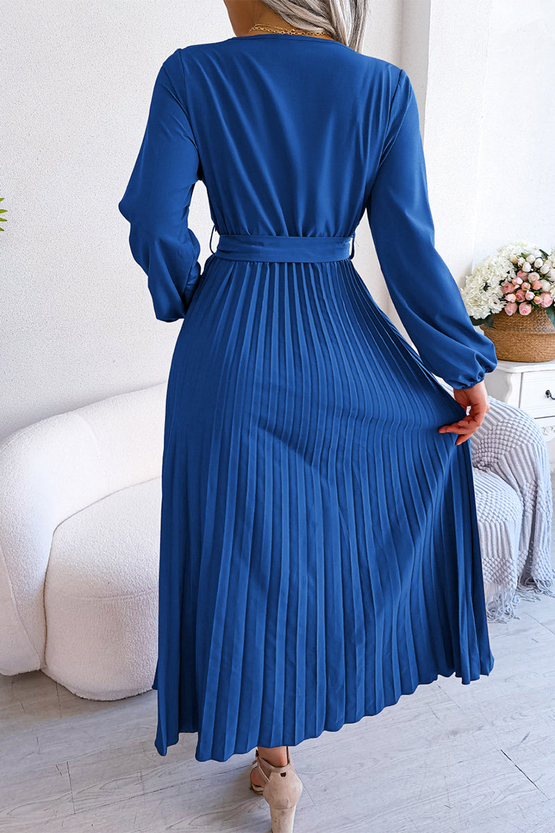 Elegant Solid Frenulum Fold V Neck Pleated Dresses