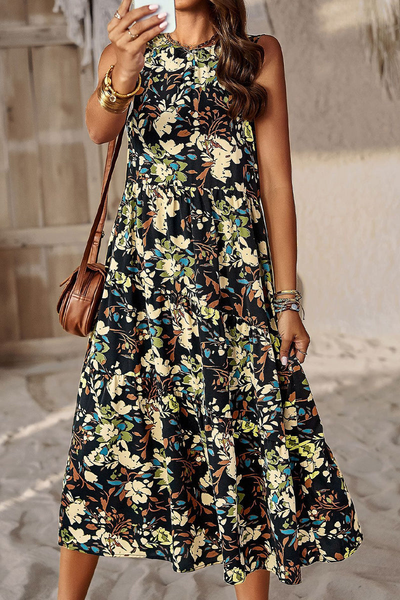 Elegant Floral Pocket Contrast O Neck A Line Dresses