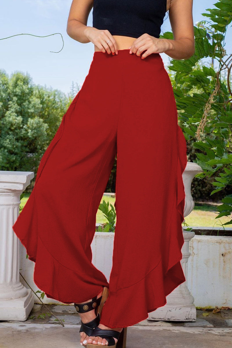 Casual Street Simplicity Solid Flounce Asymmetrical Loose High Waist Wide Leg Solid Color Bottoms