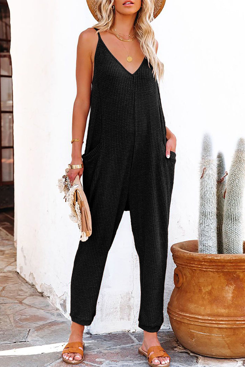 Casual Solid Solid Color V Neck Loose Jumpsuits(5 Colors)
