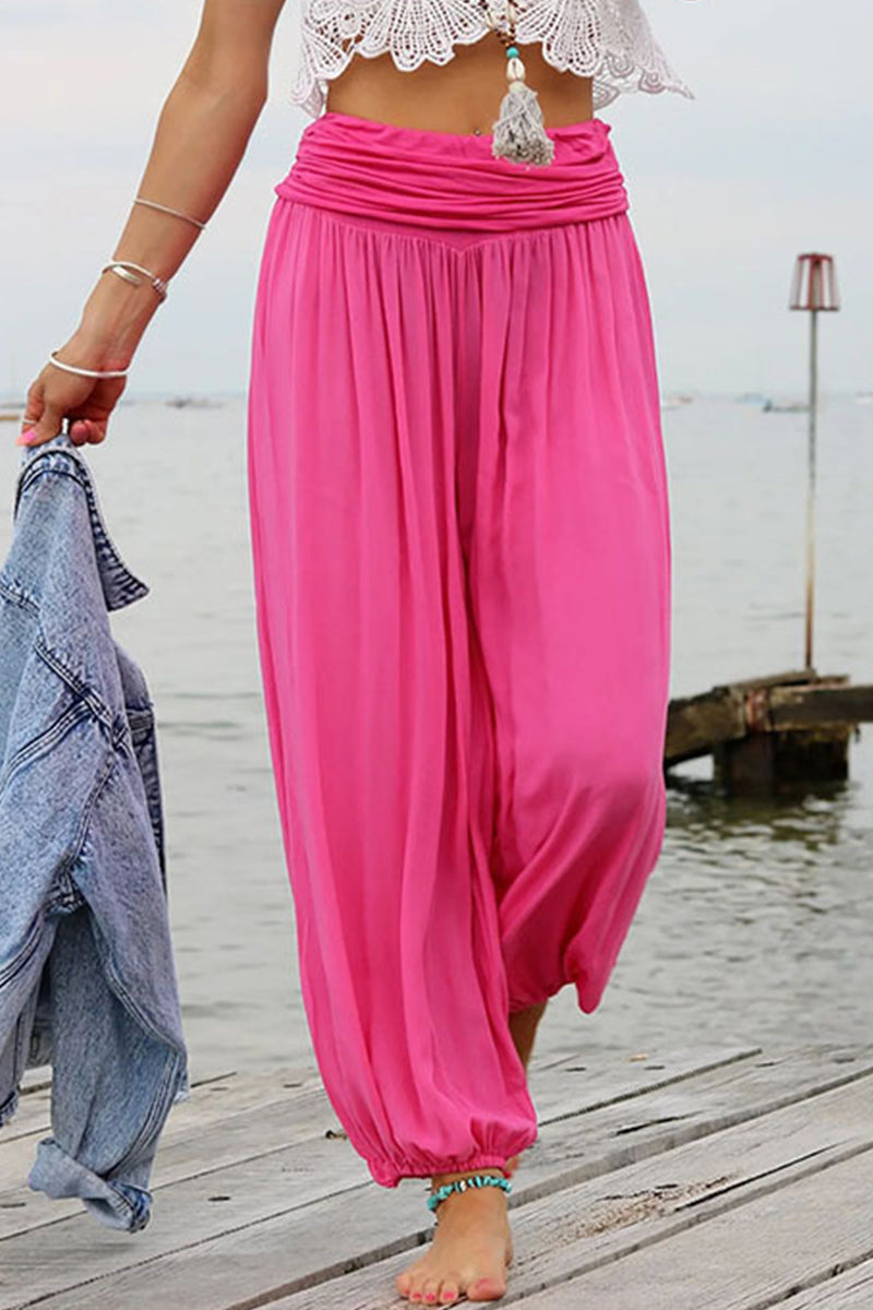 Casual Vacation Solid Fold Loose High Waist Wide Leg Solid Color Bottoms(6 Colors)