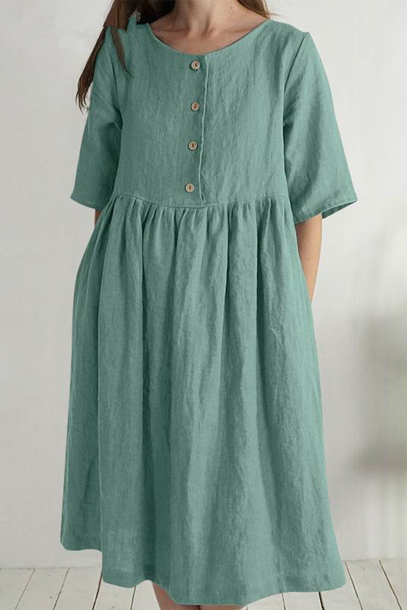 Casual Solid Buttons O Neck Short Sleeve Dress(4 Colors)