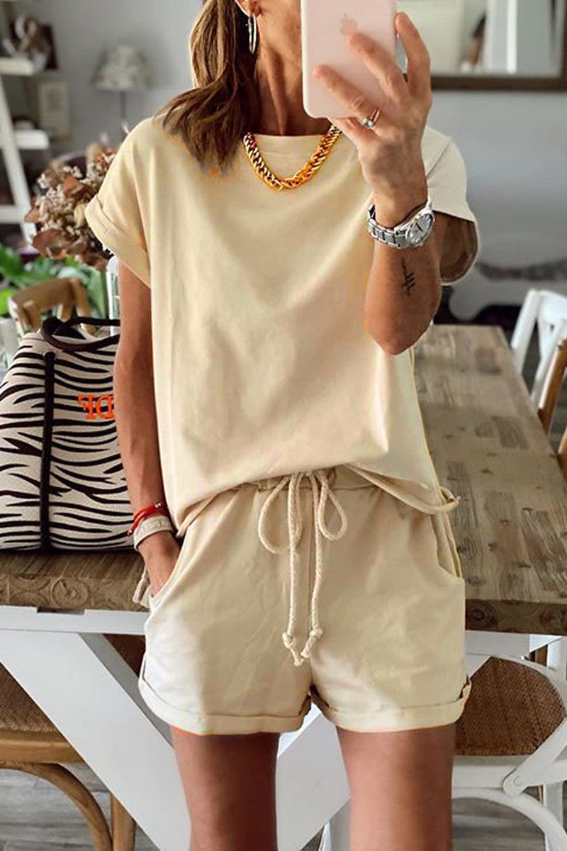 Fashion Living Solid Patchwork O Neck Short Sleeve Two Pieces(4 Colors)