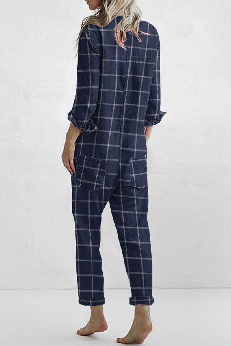 Casual Plaid Buckle Loose Jumpsuits