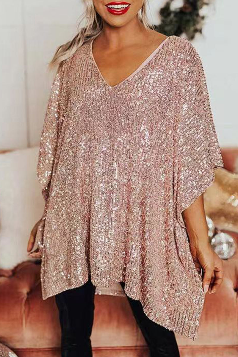 Casual Solid Sequins V Neck T-Shirts