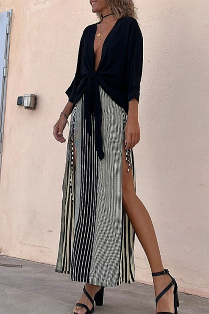 Casual Elegant Striped Patchwork High Opening V Neck Three Quarter Two Pieces