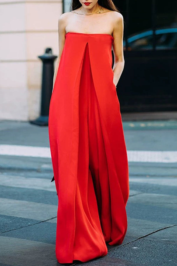 Sexy Solid Asymmetrical Strapless Loose Jumpsuits