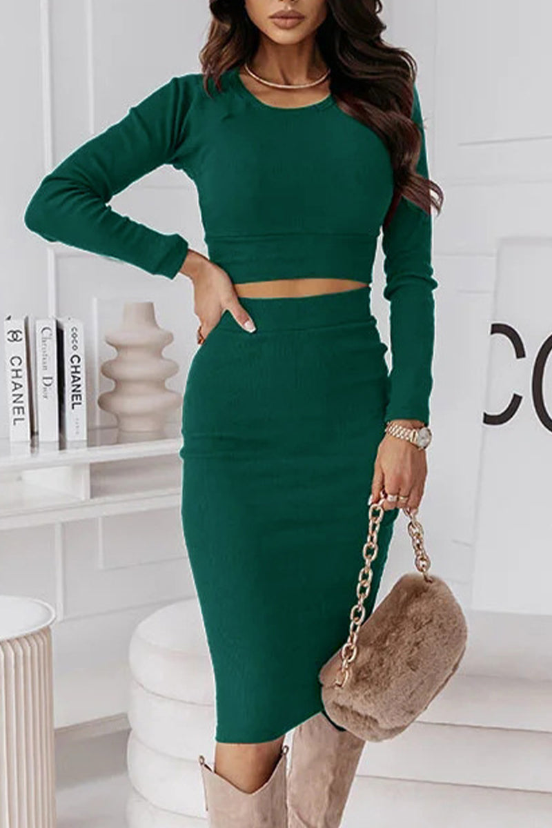 Elegant Solid O Neck Long Sleeve Two Pieces