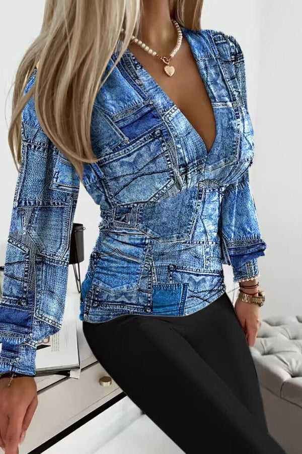 Casual Print Patchwork V Neck Tops