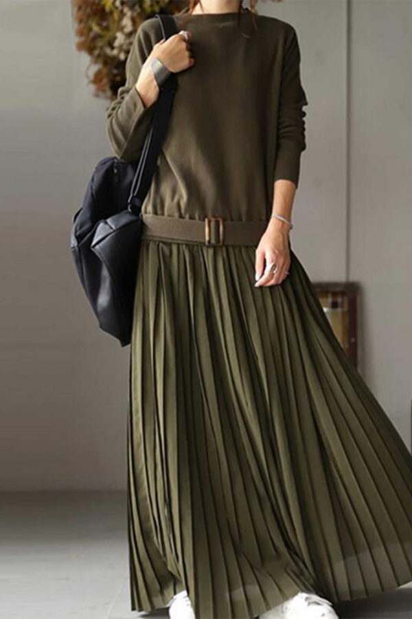 Casual Solid Patchwork Fold O Neck Long Sleeve Dresses(3 Colors)