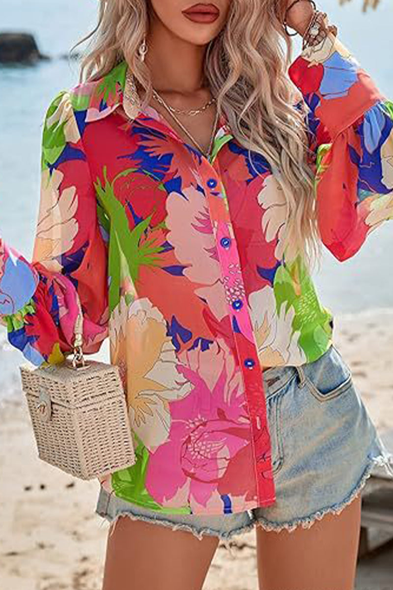 Casual Bohemian Not Positioning Printed Buttons Turndown Collar Blouses(5 Colors)