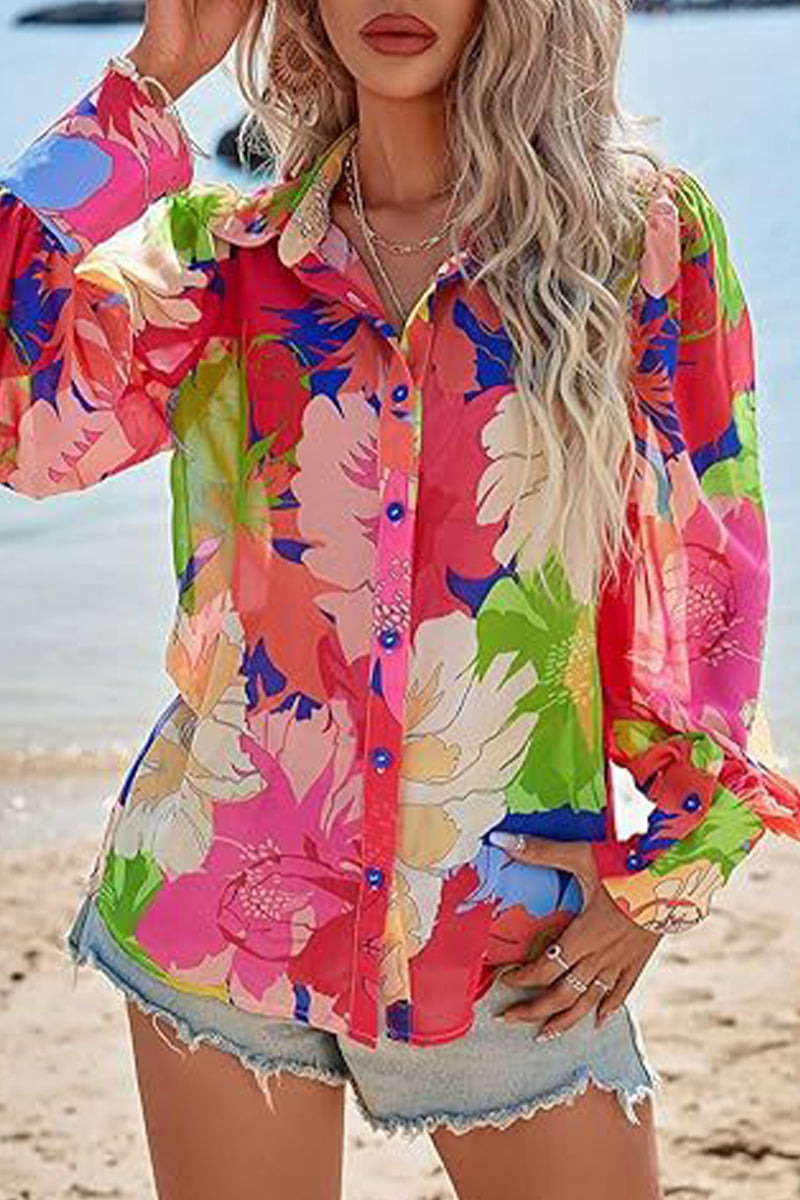 Casual Bohemian Not Positioning Printed Buttons Turndown Collar Blouses(5 Colors)