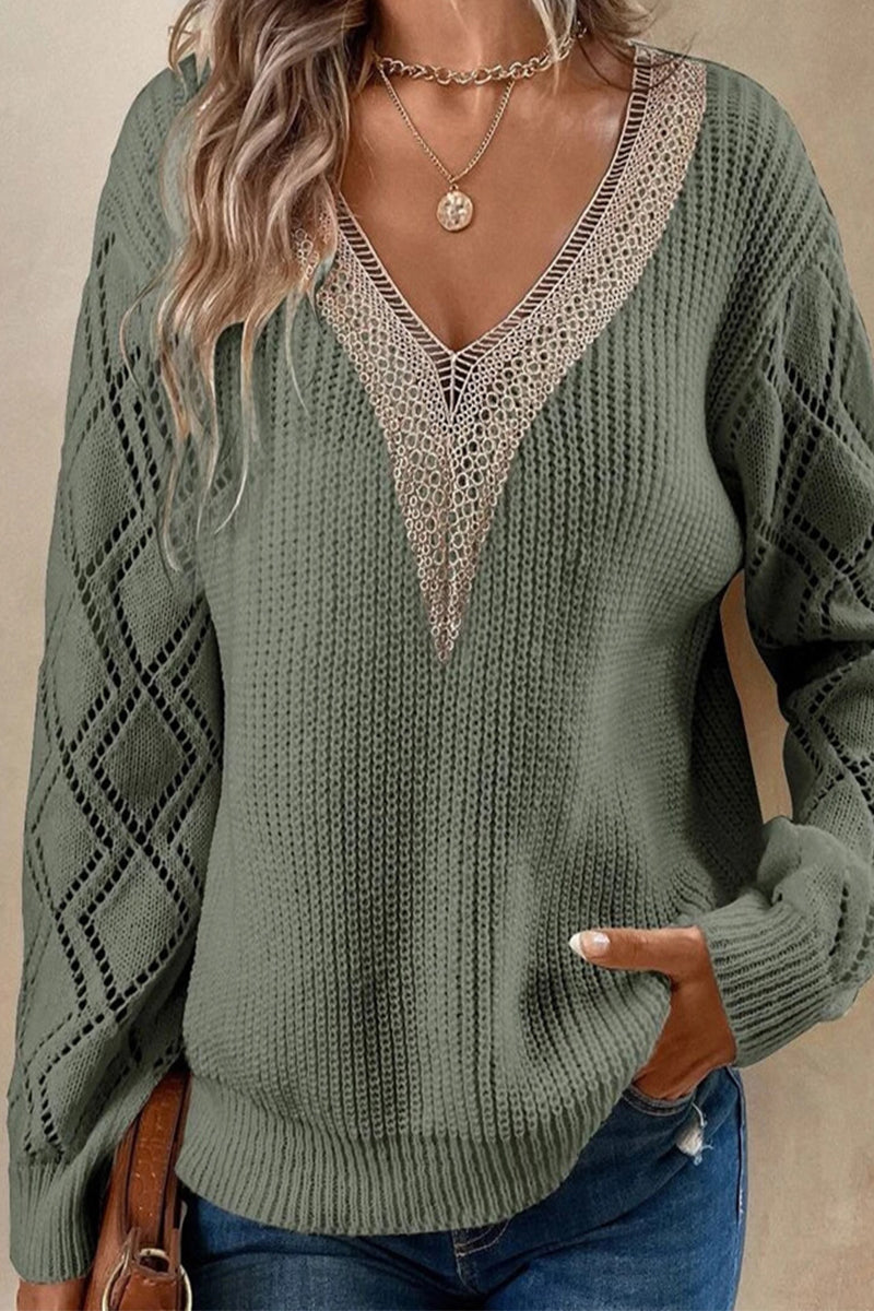 Casual Simplicity Solid Lace V Neck Tops