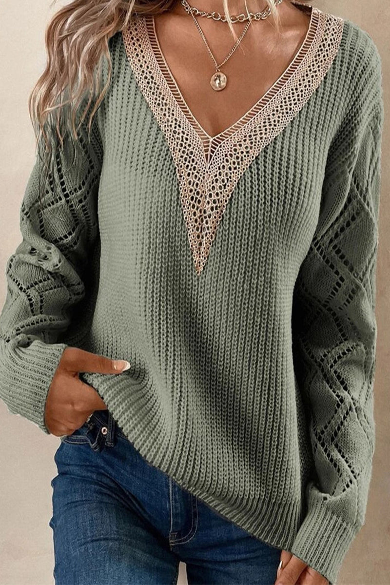 Casual Simplicity Solid Lace V Neck Tops