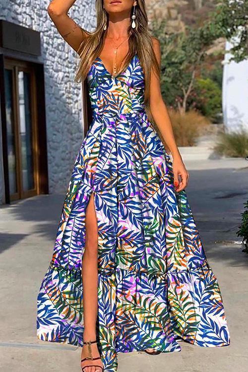V Neck High Split Leaf Printed Maxi Cami Dress