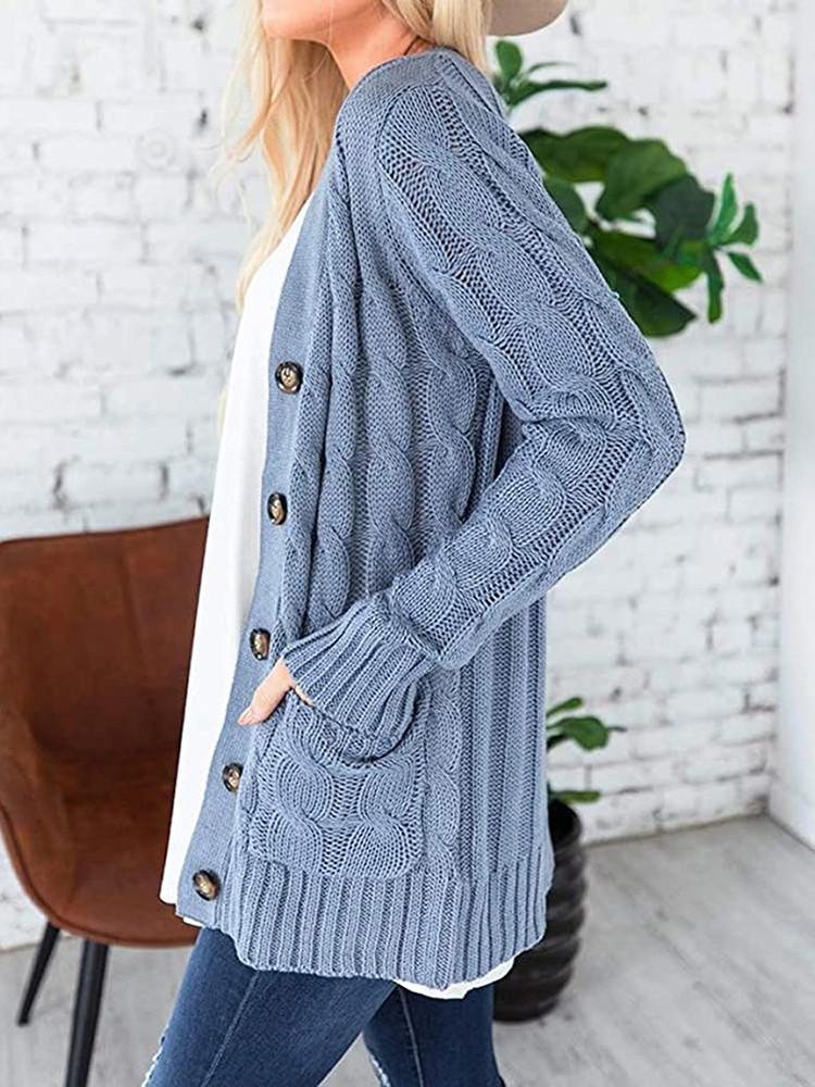 Loose Cable Button Solid Sweater Cardigan with Pockets