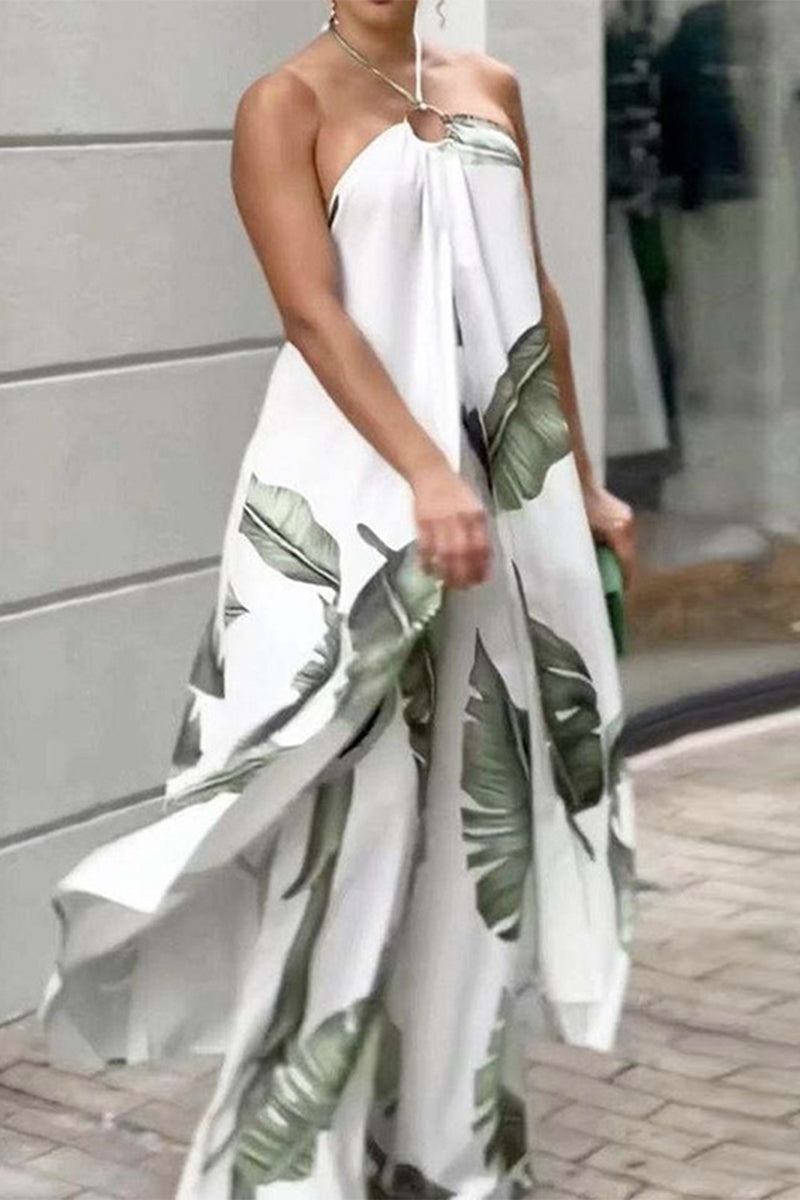 Street Floral Backless Slit Halter Sleeveless Two Pieces