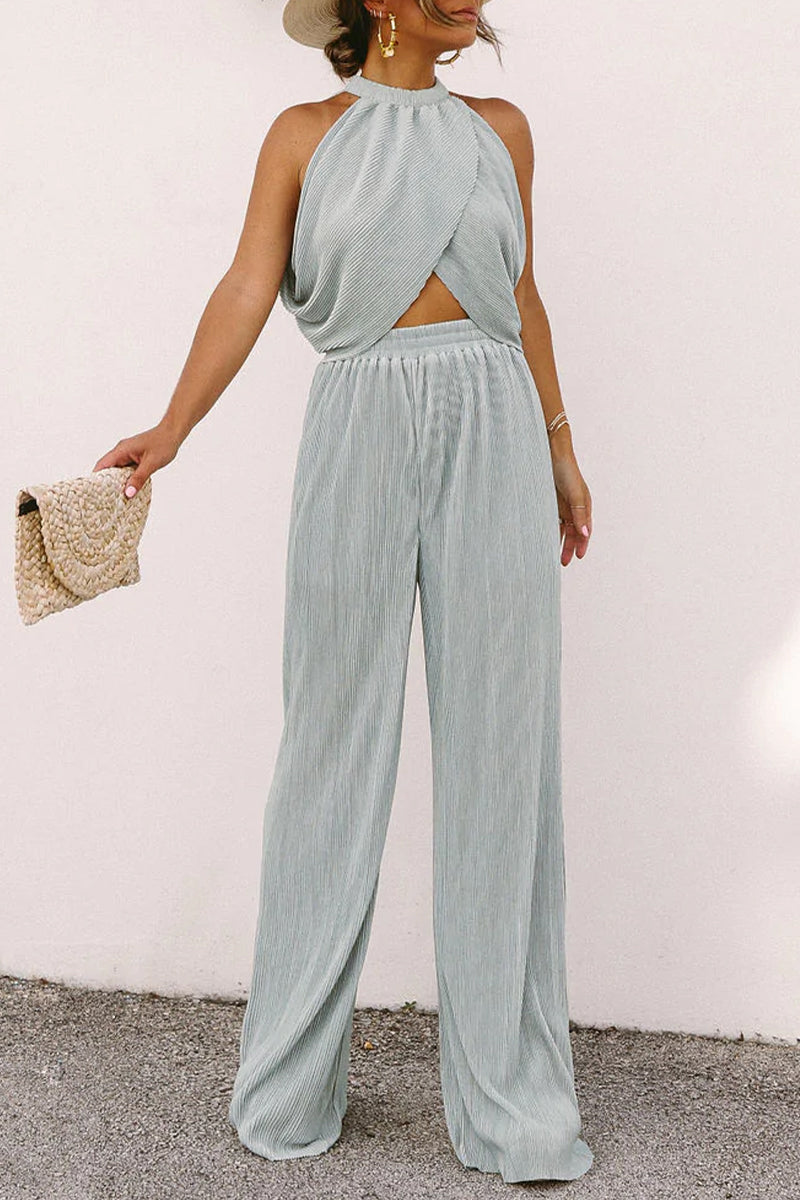 Casual Solid Ammetrical Halter Sleeveless Two Pieces