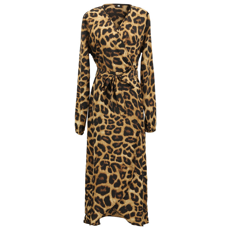 Leopard Print Long Sleeve Waist Tie Maxi Dress