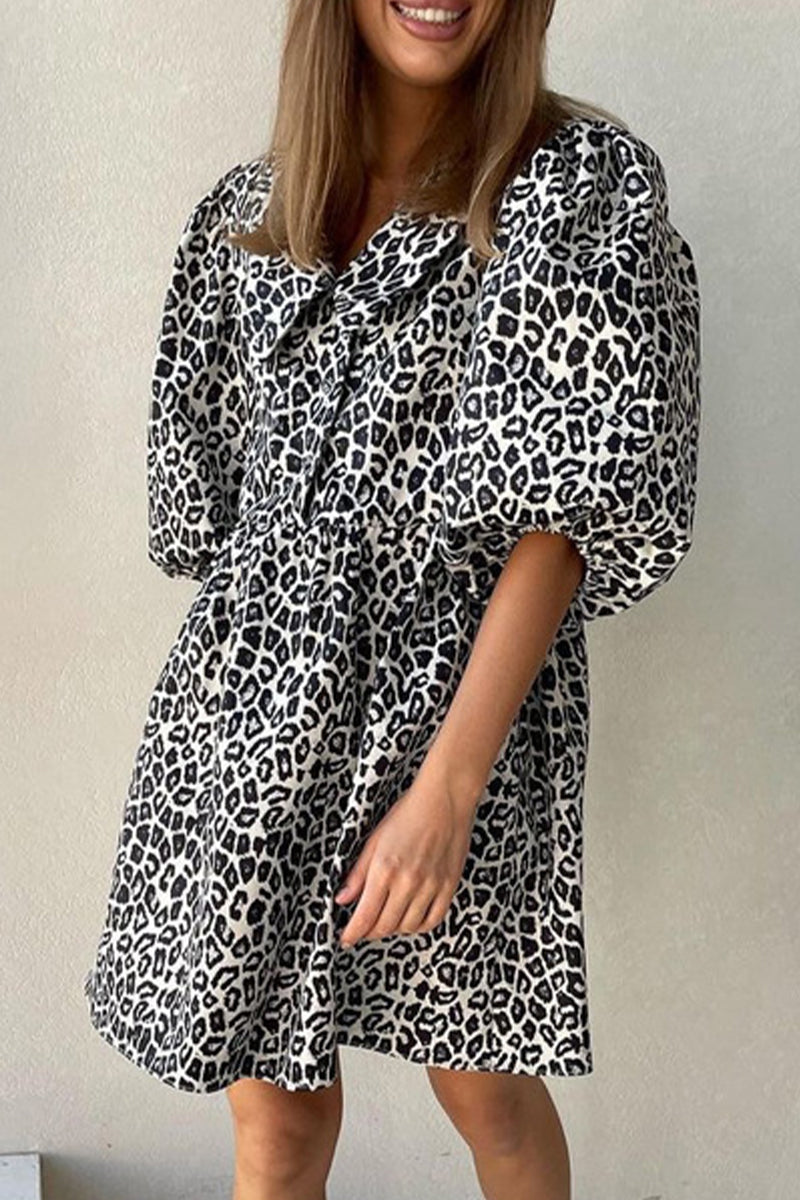 Casual Vintage Print Leopard With Belt Without Belt Turndown Collar Printed Dress Dresses