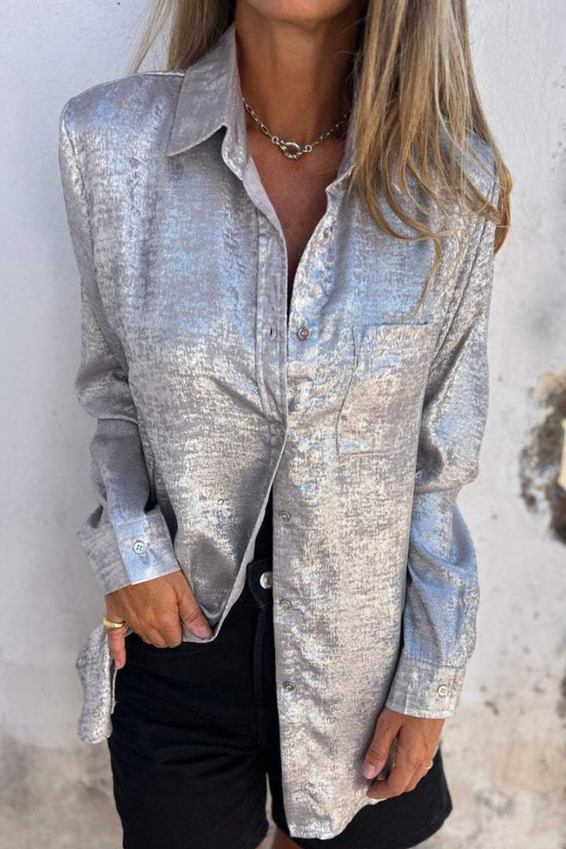 Casual Solid Sequined Turndown Collar Tops