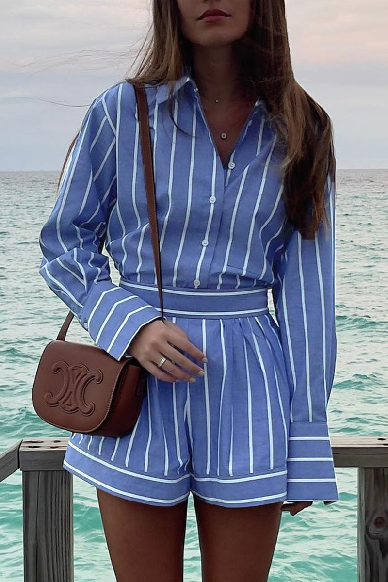 Casual Striped Patchwork Turndown Collar Long Sleeve Two Pieces