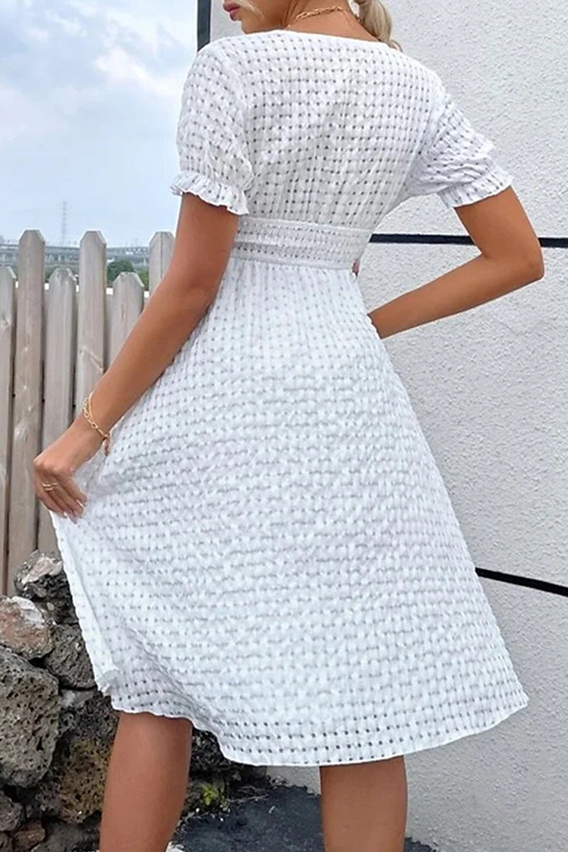 Elegant Simplicity Plaid Solid V Neck Waist Skirt Dresses