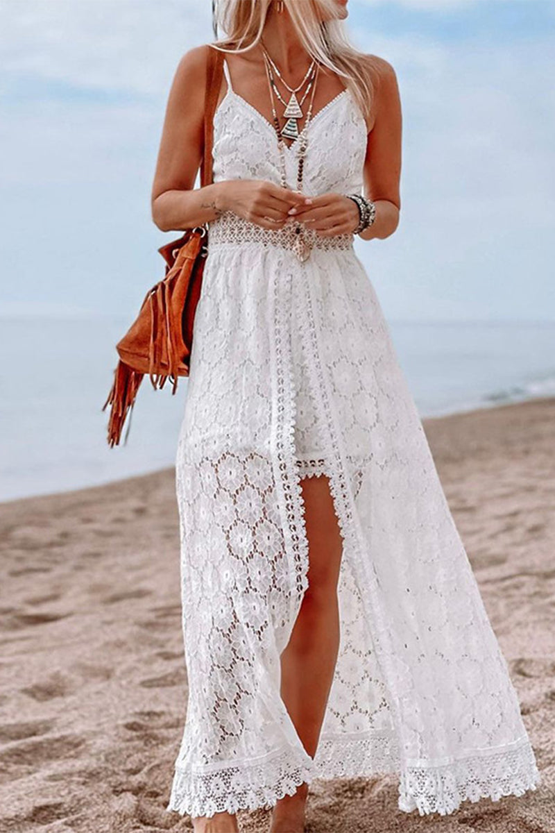 Sexy Vacation Solid Lace V Neck Sling Dress Dresses