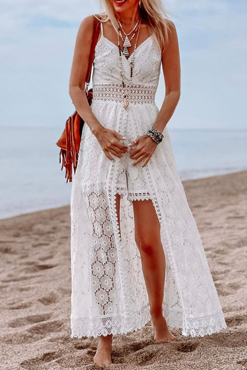 Sexy Vacation Solid Lace V Neck Sling Dress Dresses