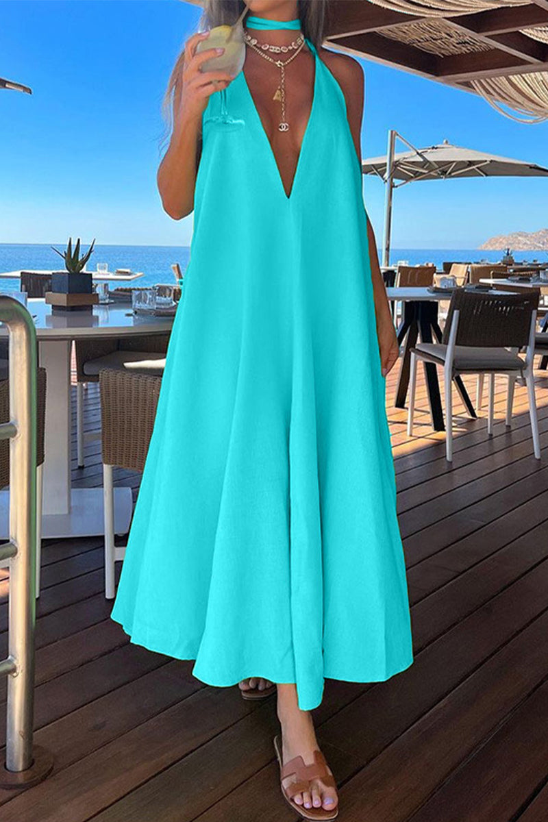Elegant Simplicity Solid Frenulum Halter Sleeveless Dress Dresses