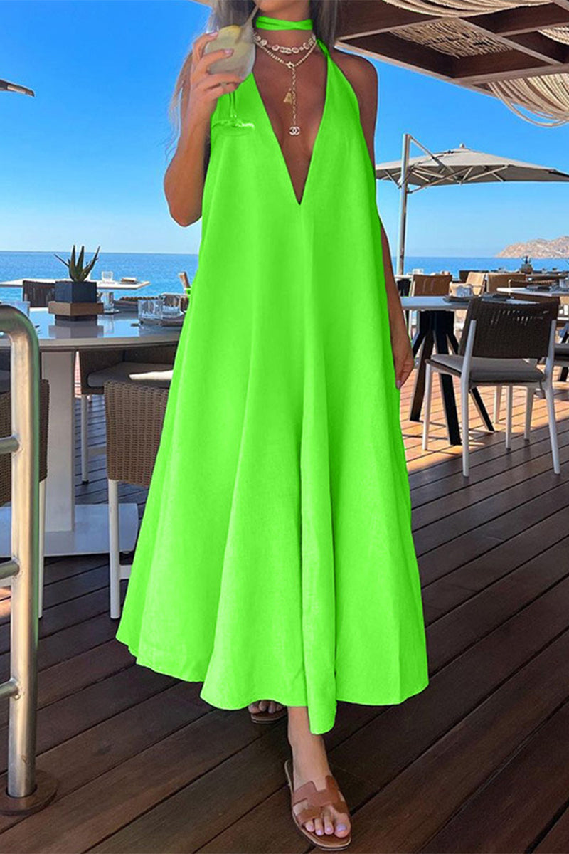 Elegant Simplicity Solid Frenulum Halter Sleeveless Dress Dresses