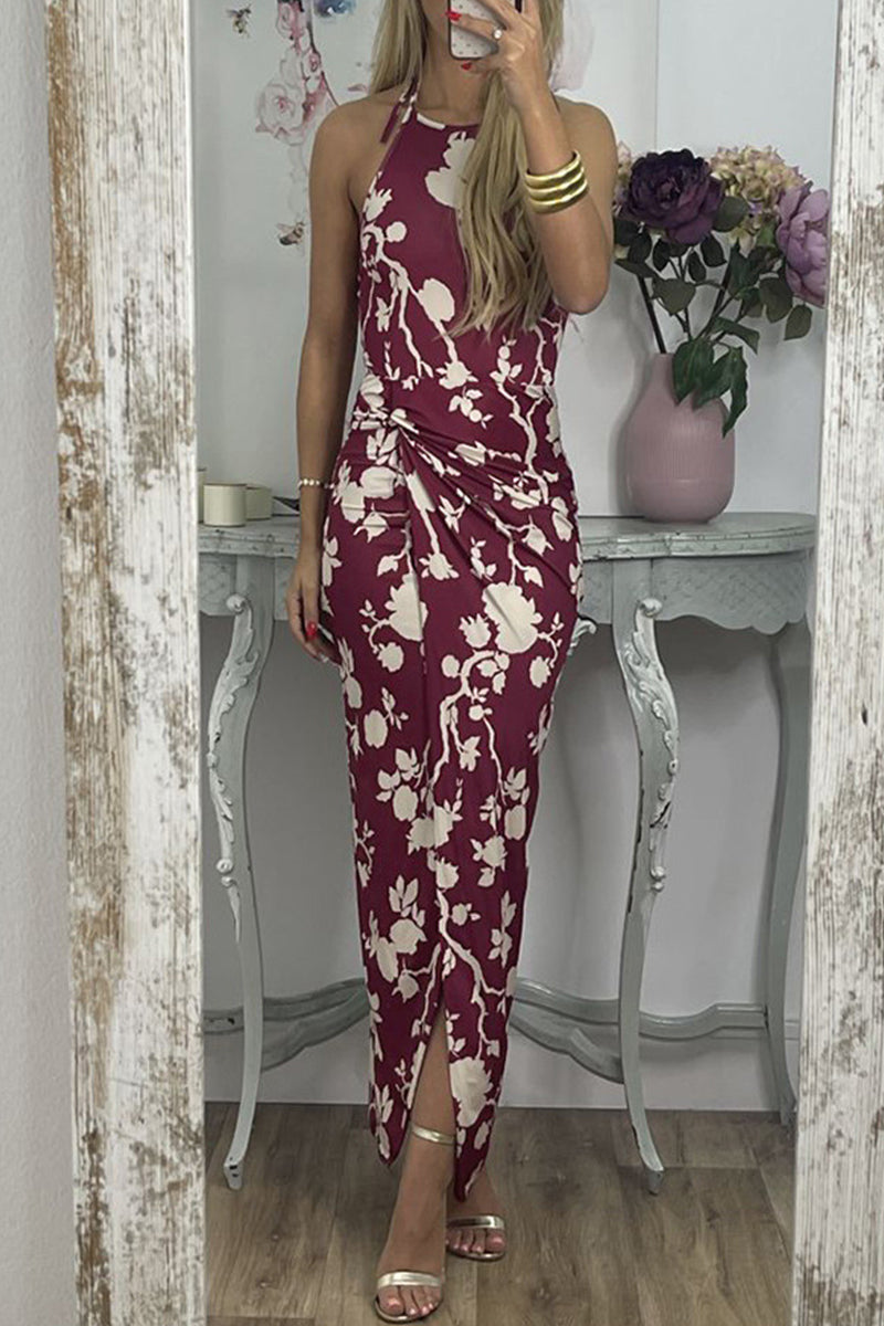 Elegant Floral Slit Fold Halter Printed Dress Dresses